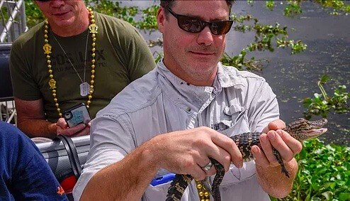 Man holding baby alligator on a swamp tour Man holding baby alligator on a swamp tour